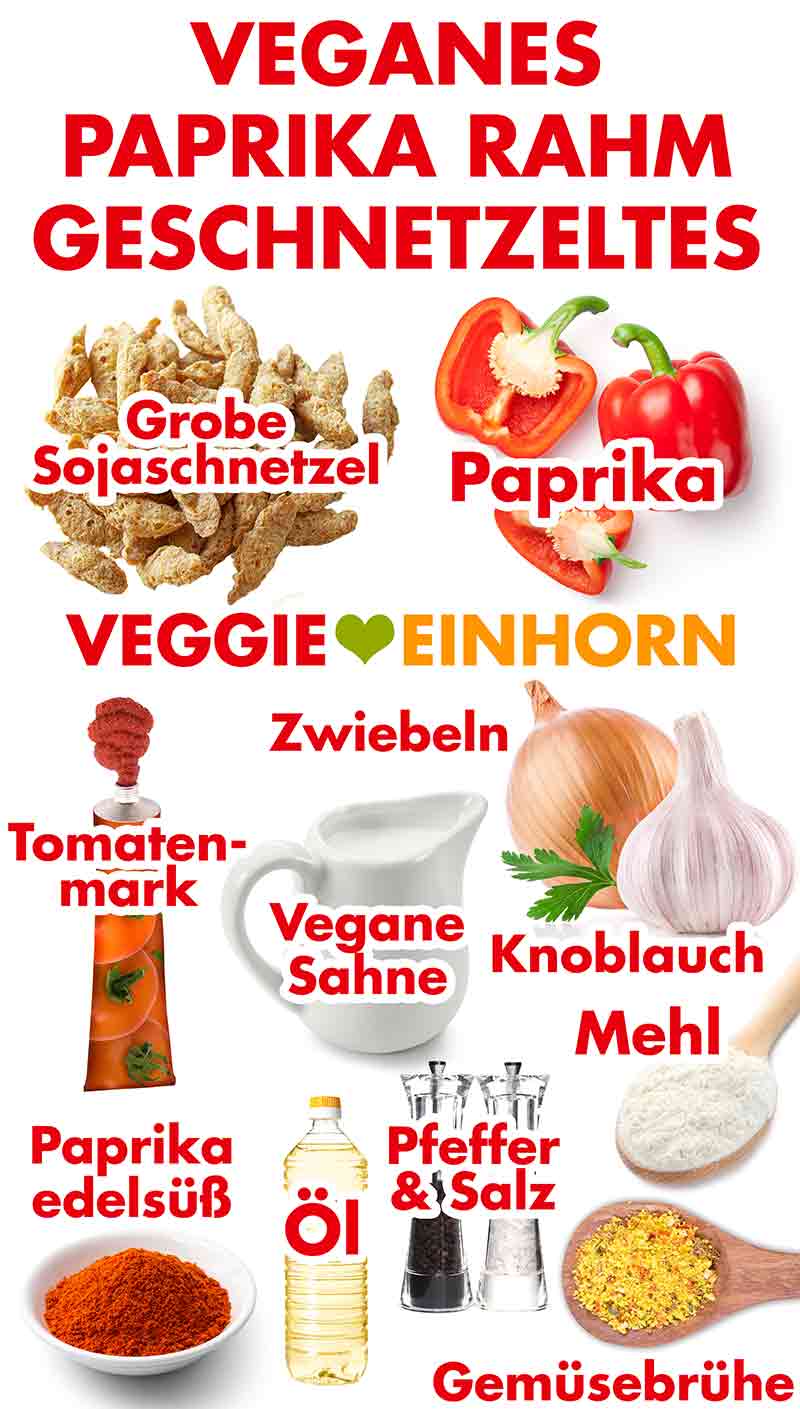 Zutaten für veganes Paprika Rahm Geschnetzeltes